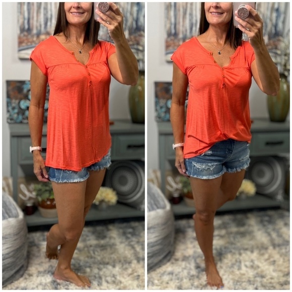 Melange Henley Button V Neck Floaty Cuffed Tabbed Short Sleeve Orange  0523 - Picture 1 of 9